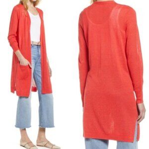 HALOGEN‎ Red Side Slit Long Linen Blend Cardigan XL